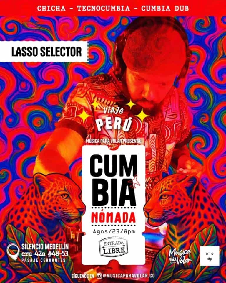 Llamativo cartel publicitario de concierto en Perú con fondo colorido y elementos de jaguares, promoviendo evento de música para volar y experiencia cultural vibrante.