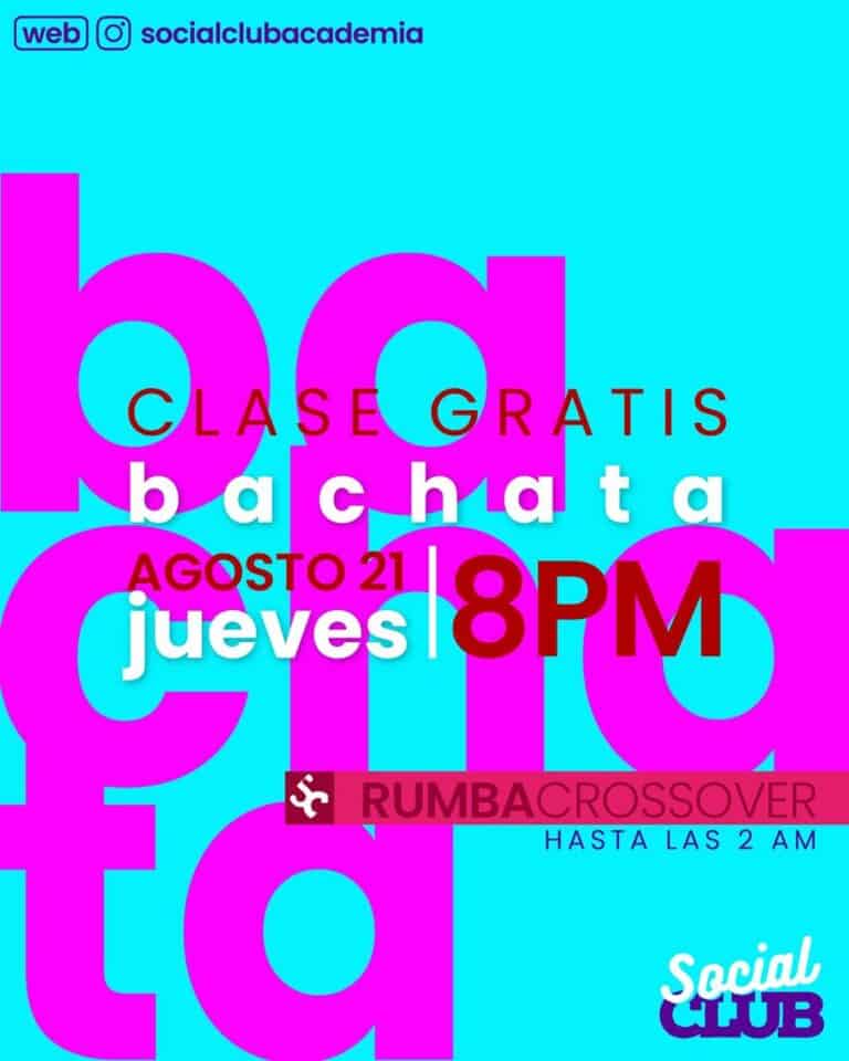 Eventos de social club en Bogotá, clases gratis de baile y rumba crossover, en evento social nocturno el 21 de agosto a las 8PM en Social Club. ¡No te lo pierdas!.