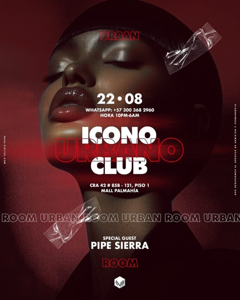 Imagen de cartel promocional para evento en el Urban Club, mostrando un diseño moderno con rostro de mujer, detalles en rojo y blanco, con información de fecha, hora, ubicación, contacto y artista invitado.