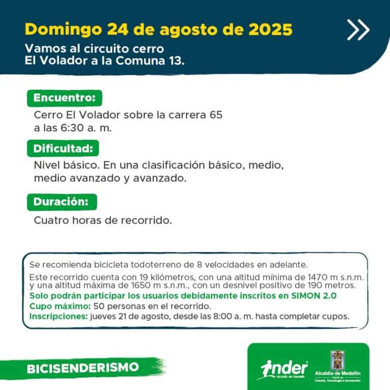 Sendero de ciclismo en cerro El Volador, recorrido de 19 km con niveles de dificultad desde básico a avanzado, ideal para bicicletas de 8 velocidades en Medellín.