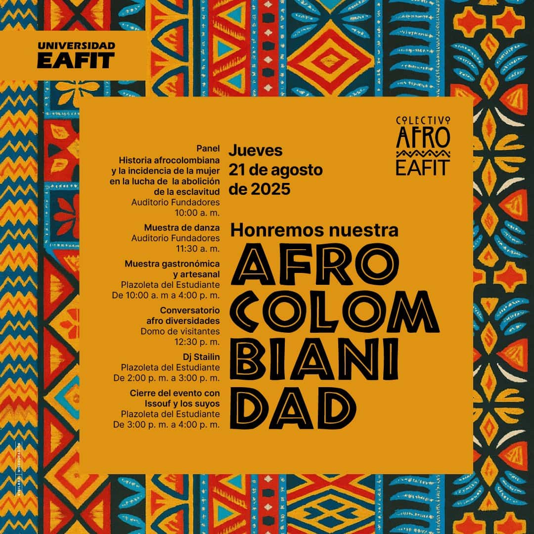 Álbum de inspiración con temática afro, eventos culturales, danza, gastronomía y debate en la Universidad EAFIT, resaltando la historia afrocolombiana y el trabajo artesanal en un ambiente festivo y colorido.