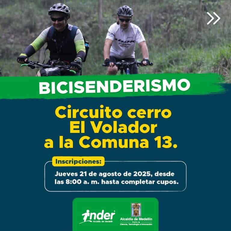 Bicicross en circuito de cerro El Volador en Comuna 13, Medellín, con inscripción abierta para evento del 21 de agosto de 2025. Competencia de ciclismo de montaña para entusiastas y ciclistas expertos.