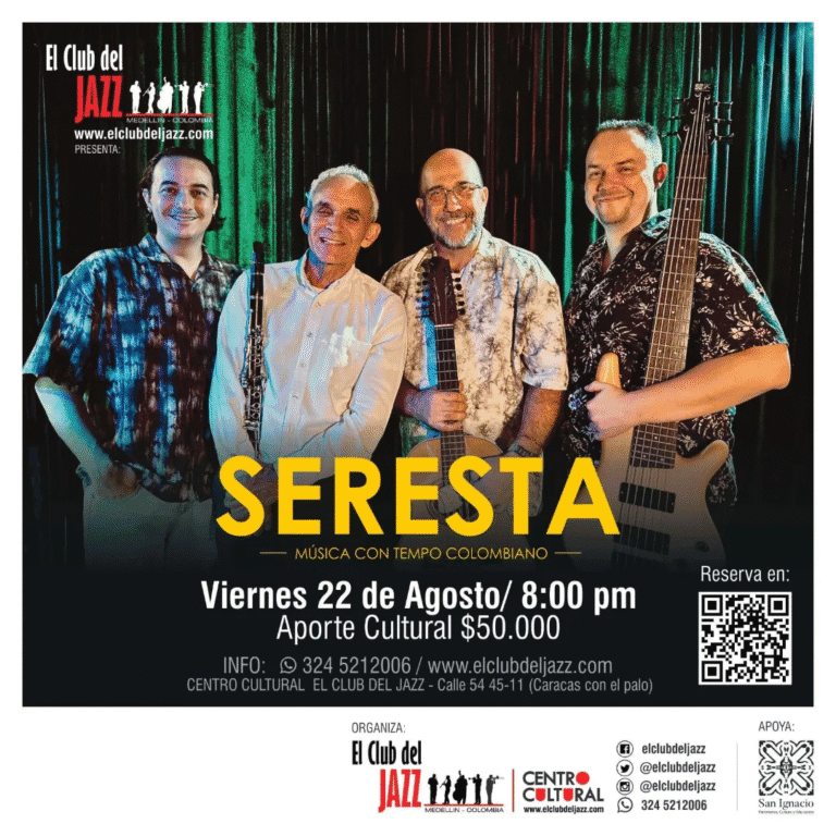 Foto de un grupo de músicos con instrumentos en un escenario con cortinas negras y luces verdes, promocionando el concierto de Seresta con música colombiana en el Club del Jazz.