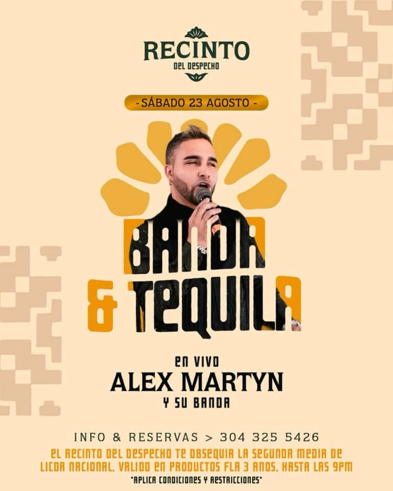Presentación en cartel del evento Recinto del Despecho con artista Alex Martyn y banda, dando detalles de la fecha, reserva y promociones especiales en la ciudad de Barranquilla, Colombia.