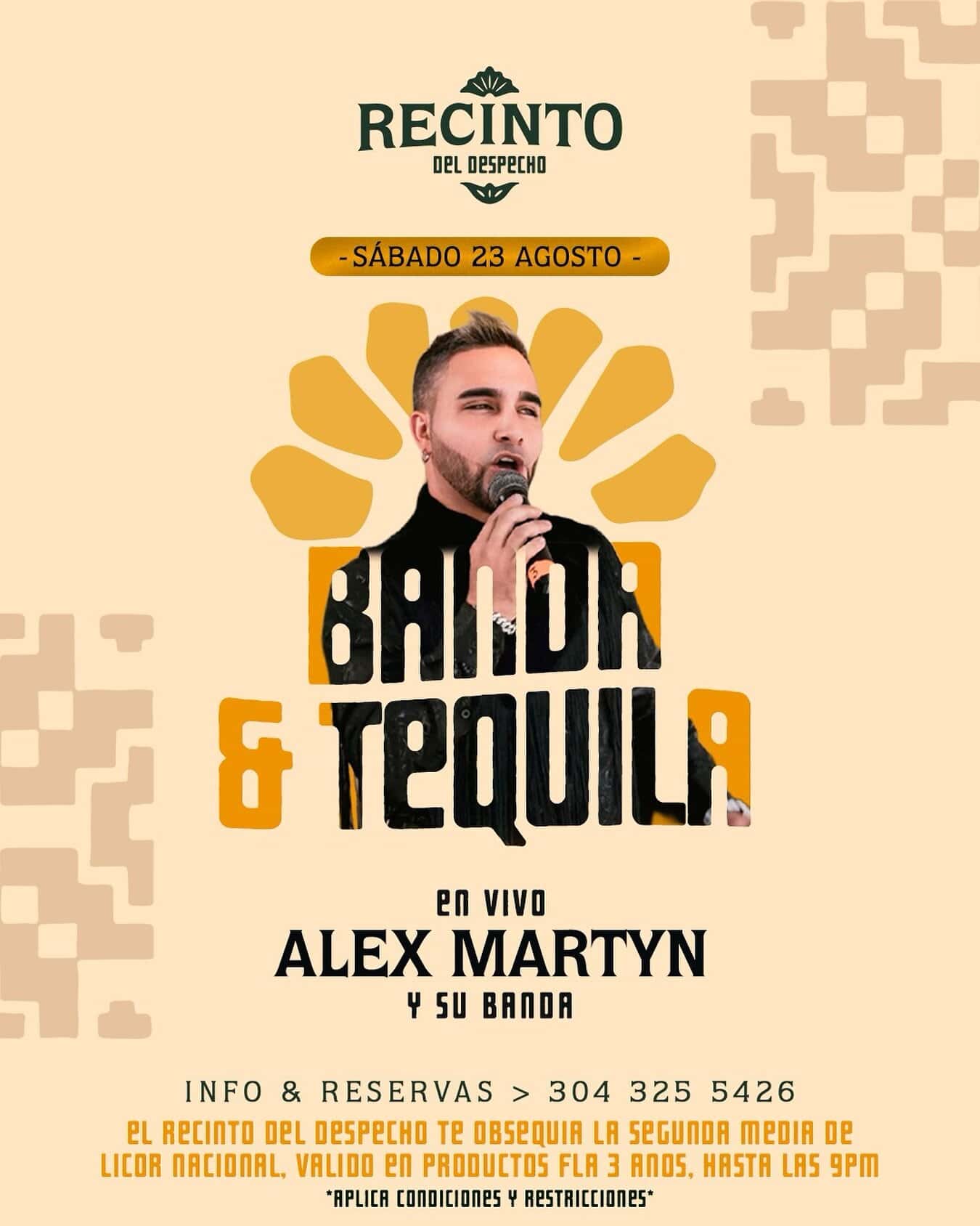 Presentación en cartel del evento Recinto del Despecho con artista Alex Martyn y banda, dando detalles de la fecha, reserva y promociones especiales en la ciudad de Barranquilla, Colombia.