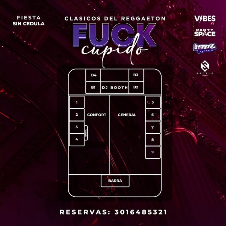 Asientos en planta para festival de reggaetón Fuck Cupido en Bogotá, ubicados cerca del escenario y zona de DJ, con áreas de confort y general, ideales para disfrutar música en vivo y buen ambiente.