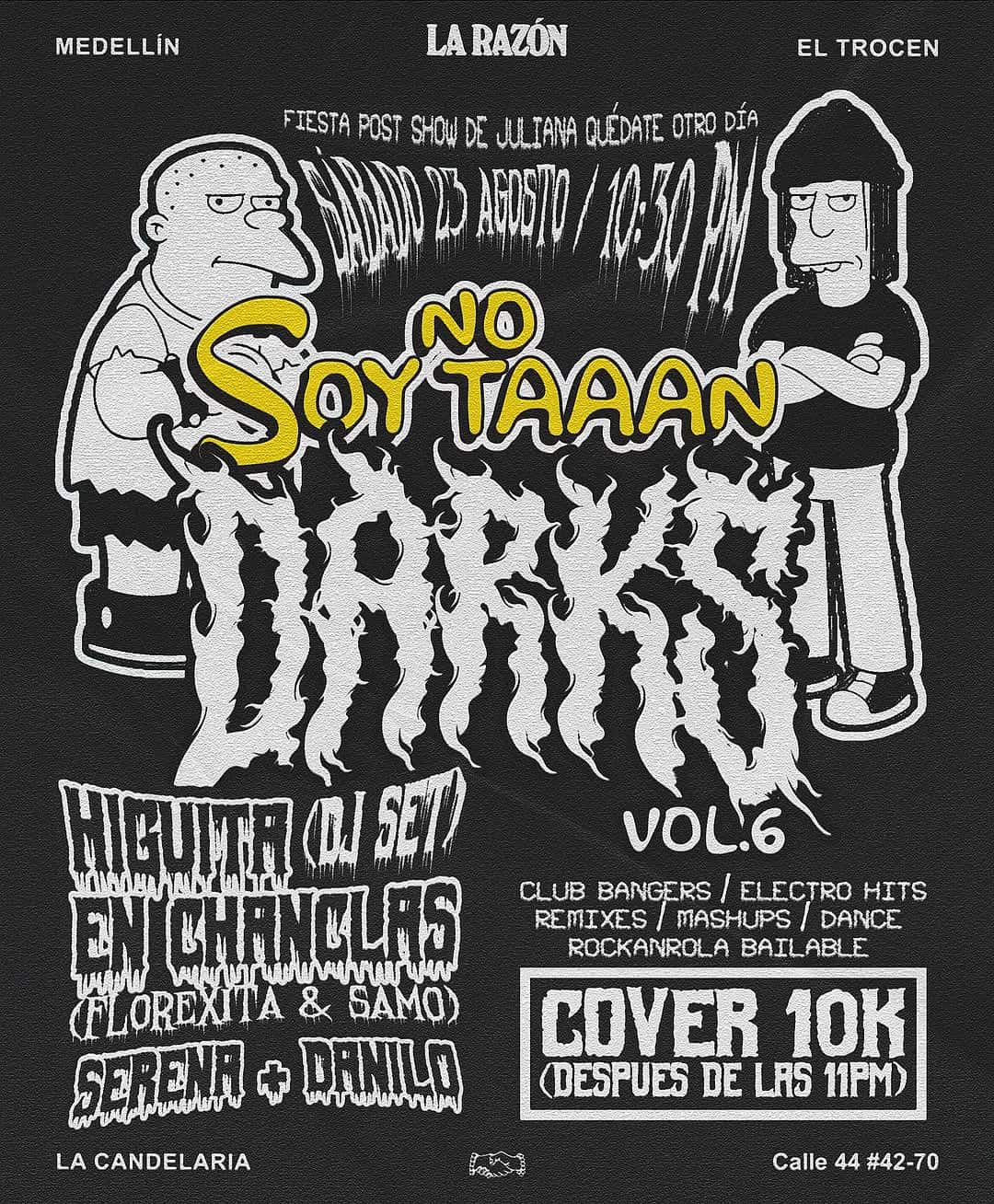 No soy T rapid. Cartel de evento musical con personajes de Los Simpsons, detalles del concierto, artistas invitados, género musical, ubicación y costo.