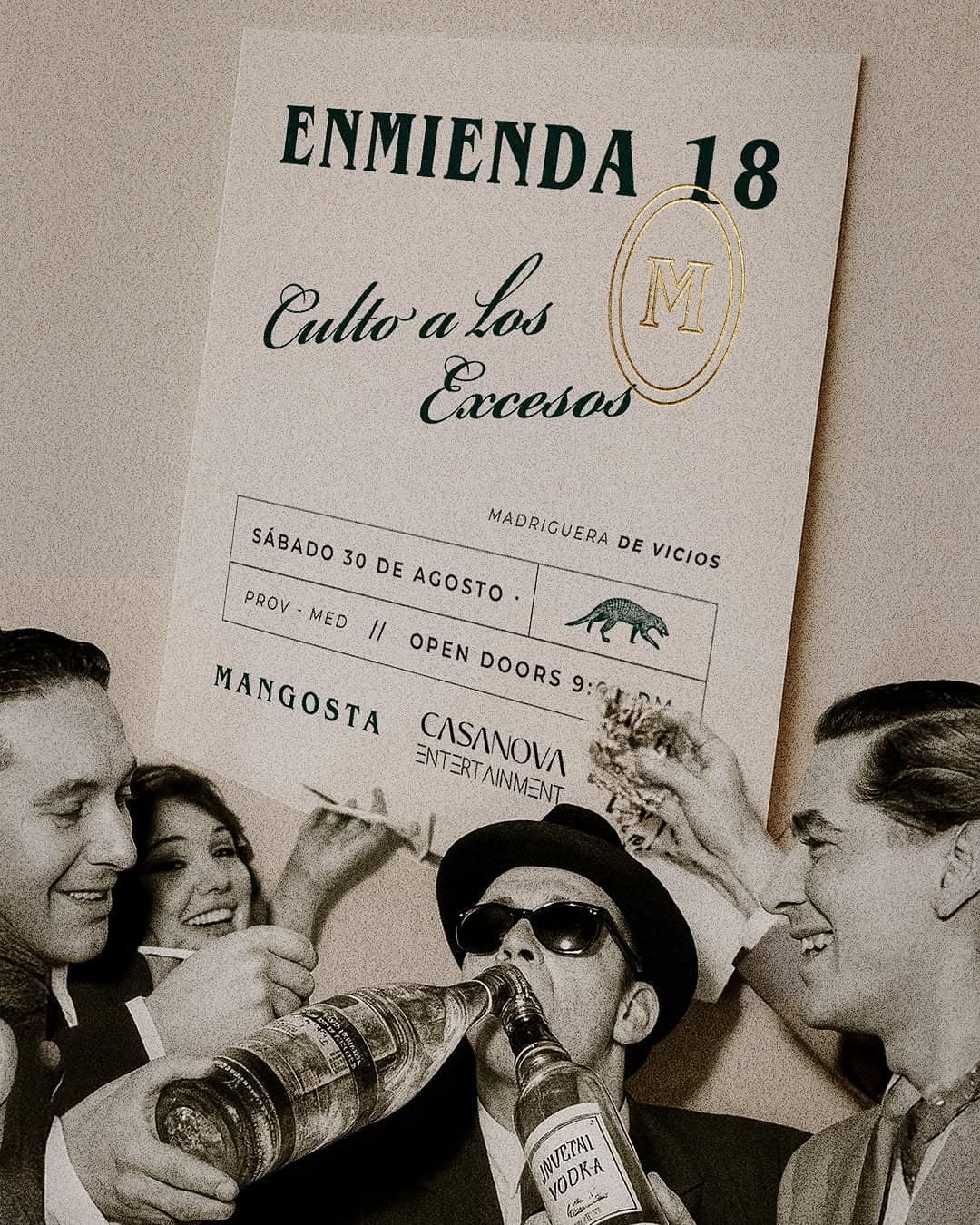 Bebés en un evento de concierto con cartel de promoción, promoviendo diversión y entretenimiento con productos de vodka. Público disfrutando y compartiendo momentos de fiesta en un evento musical.