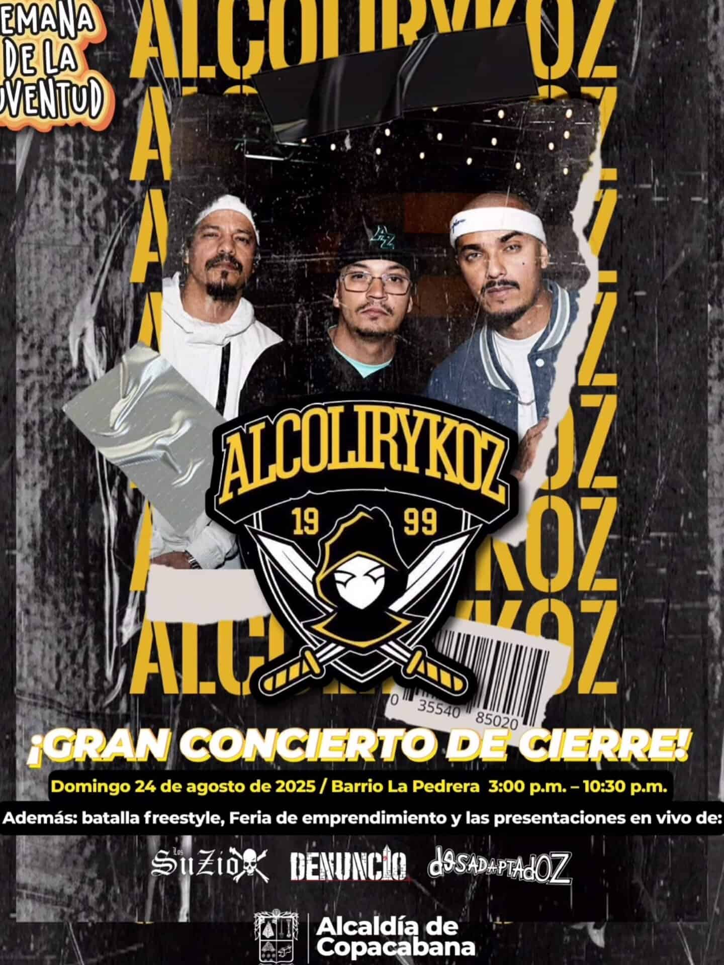 Alcotirykcz concierto de cierre en Barrio La Pedrera, evento de música en vivo, mitin de alcaldía, con batallas de freestyle y feria de emprendimiento, en Copacabana.