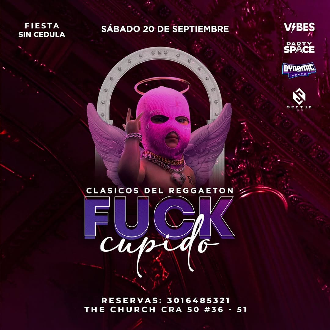 Unección de la imagen: Fiesta de reggaetón en Bogotá con temática de meme y disfraces llamativos, promoviendo un evento sin cédula el 20 de septiembre en The Church CRA 50 #36-51.