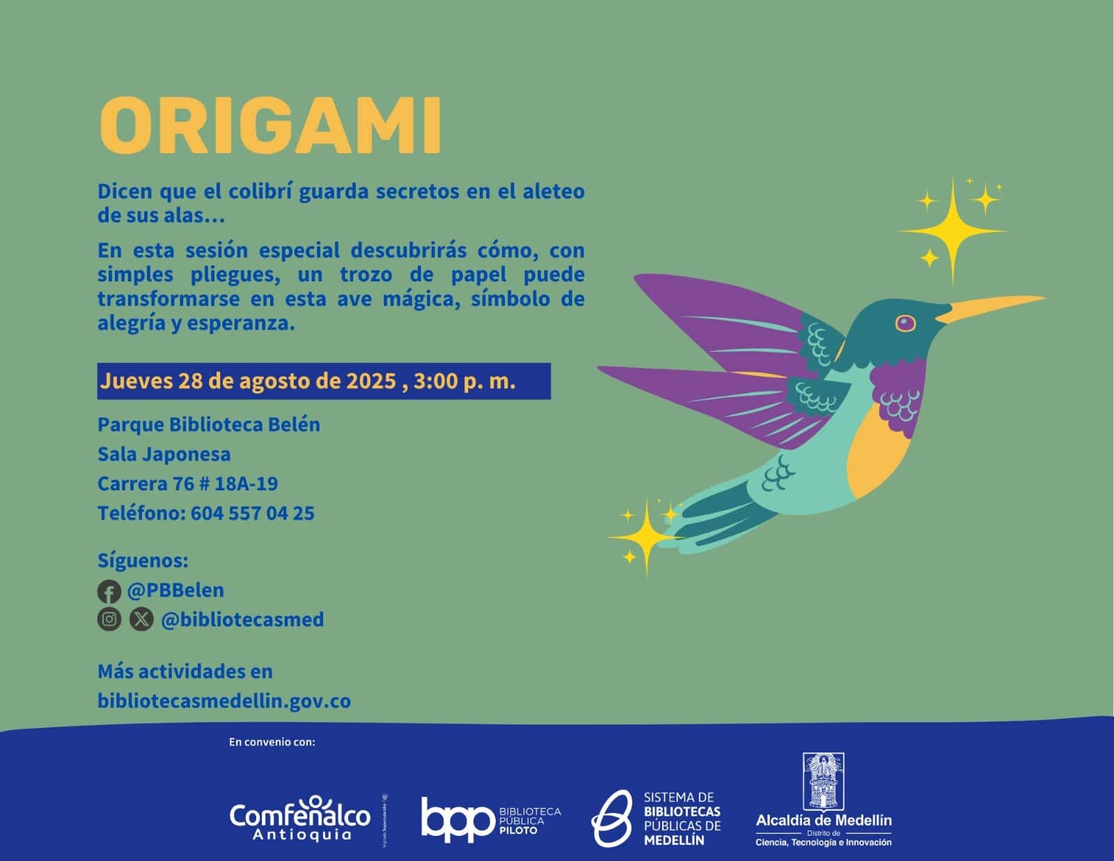 Espectáculo de origami en la Biblioteca Belén de Medellín, evento para aprender a crear aves mágicas con papel en una sesión especial el 28 de agosto de 2025.