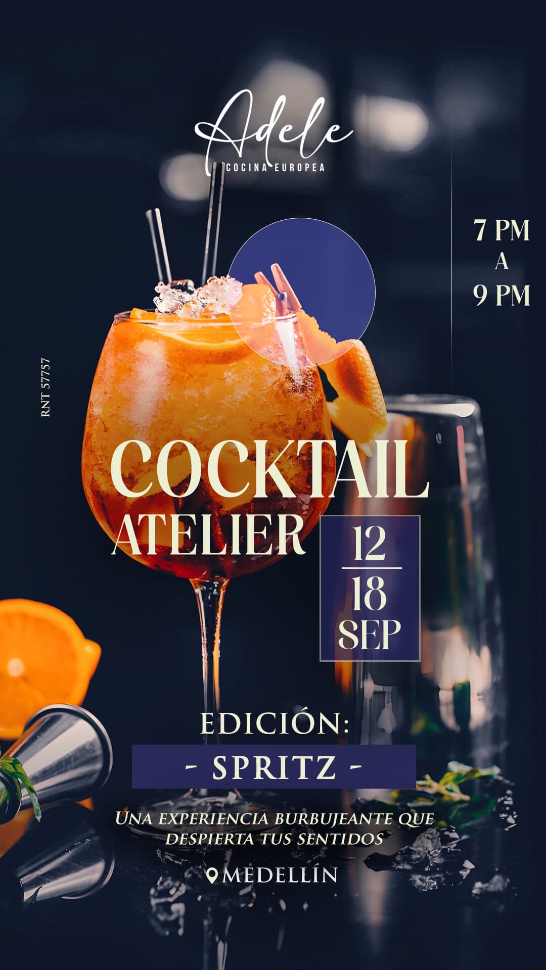 Refrescos y cócteles en evento de coctelería en Medellín, celebrado entre las 7 PM y 9 PM, en el taller de coctelería "Spritz", ofreciendo una experiencia única y refrescante para los asistentes.
