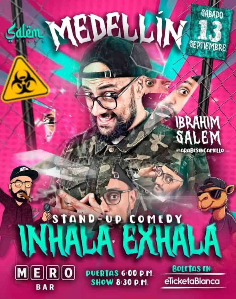 Diversión y humor en evento de stand-up comedy en Medellín, con Ibrahim Salem y artistas locales, en Mero Bar, con boletos en eTicketBlanca, show nocturno, ambiente vibrante y temática extravagante.