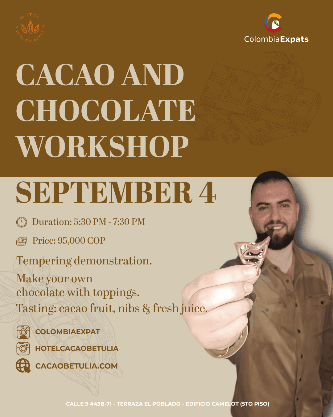 Cacao y taller de chocolate con toppings en hotel Cacao Betulia en Medellín, evento de cata de cacao, frutas, nueces y jugos naturales, con duración de 2 horas, presentado por ColombiaExpats.