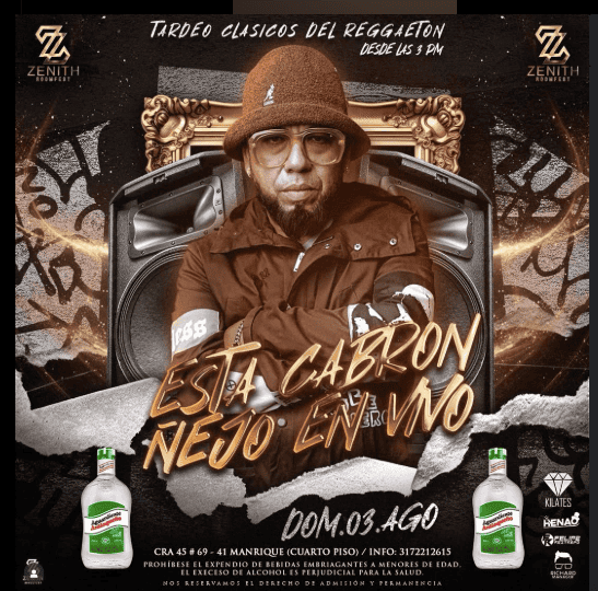 Botellas de licor y cartel promocional de evento de reggaetón en Zenith Rooftop, con DJ Esteva Gabron, en Bogotá, invitación a fiesta clásica nocturna, promoción musical y diversión nocturna en la ciudad.