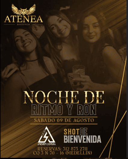 Noche de Ritmo y Ron en Atenea Discoteca, evento de música en Medellín, celebración con bebidas de ron y ambiente festivo, reserva ahora para disfrutar de una noche inolvidable.