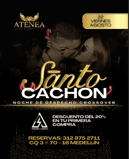 Coppia disfrutando una noche de despedida de crossover en Atenea Discoteca con promoción y reserva para el evento Santo Cachón en Medellín.