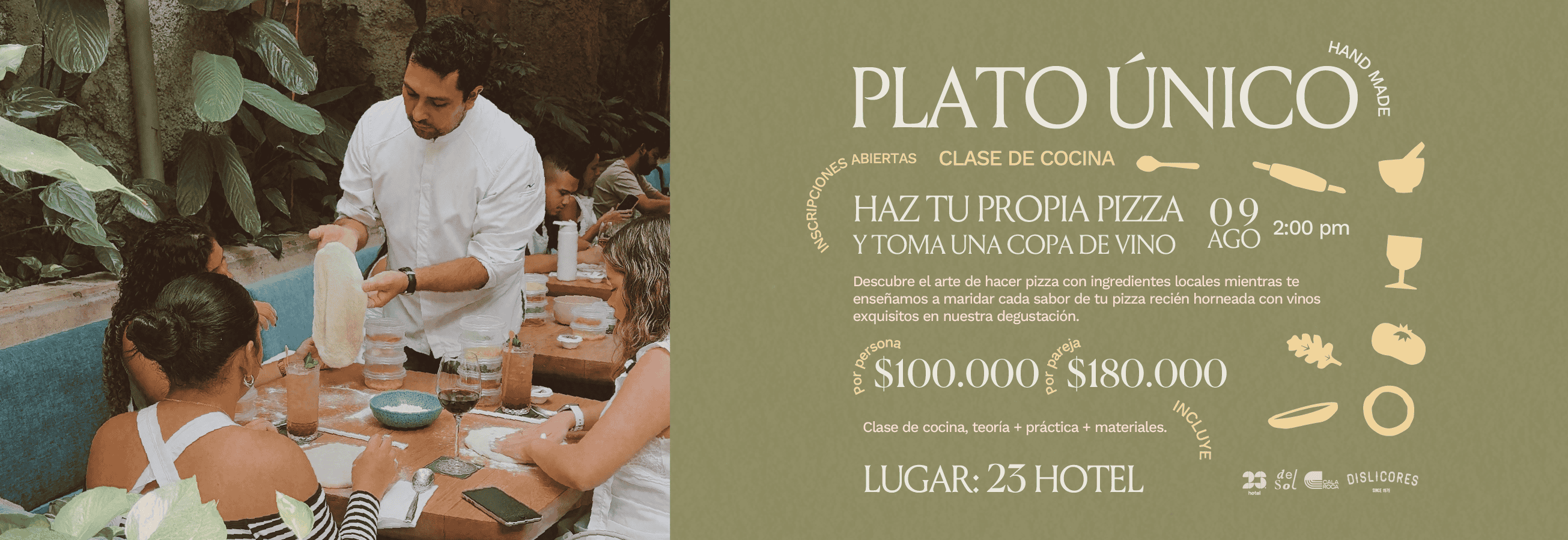 Pizza hecha a mano en clase de cocina en hotel 23 con instructores en vivo y degustación de vinos, experiencia gastronómica única en Bogotá, evento de pizza y vino, curso de cocina práctica y teórica para amantes de la gastronomía.