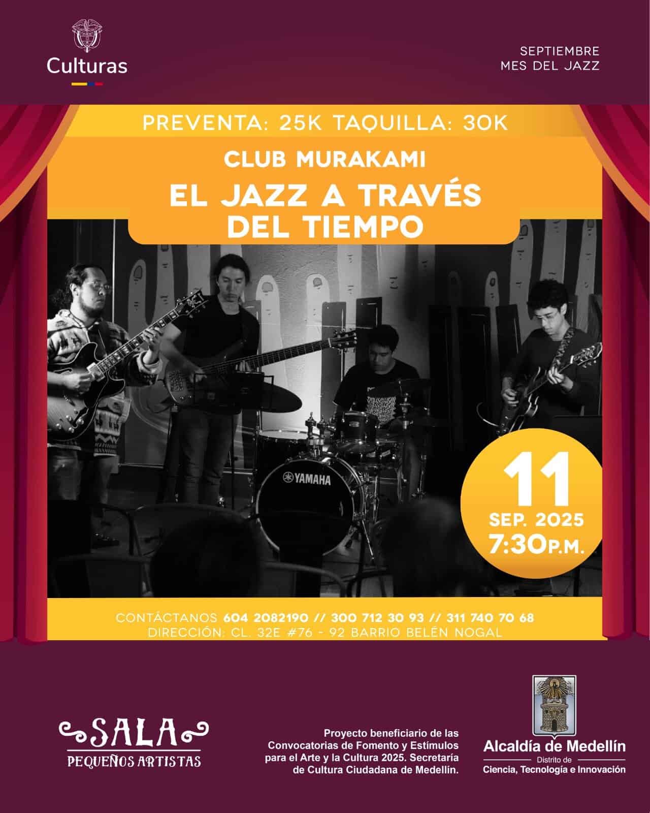 Fotografía de un grupo de músicos tocando jazz en vivo en un evento cultural en Medellín.