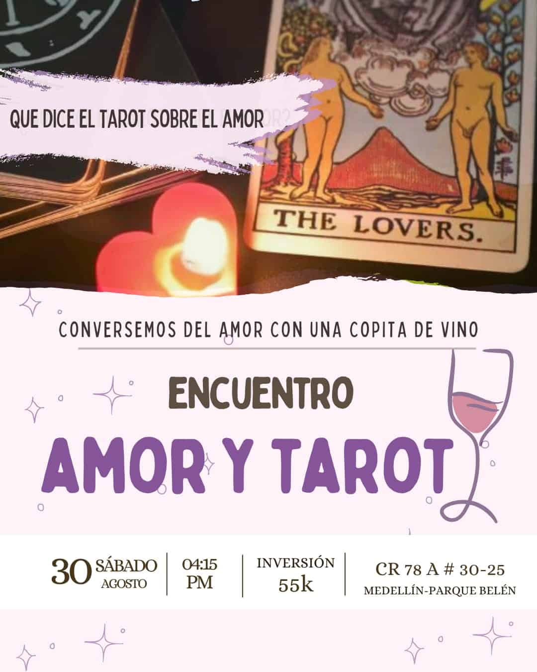 Tarot amor y encuentro, evento de tarot y amor en Medellín, reunión de tarot para lovers, charla sobre amor y tarot, evento de tarot en Parque Belén, encuentro de tarot para parejas, actividad de tarot en Medellín.