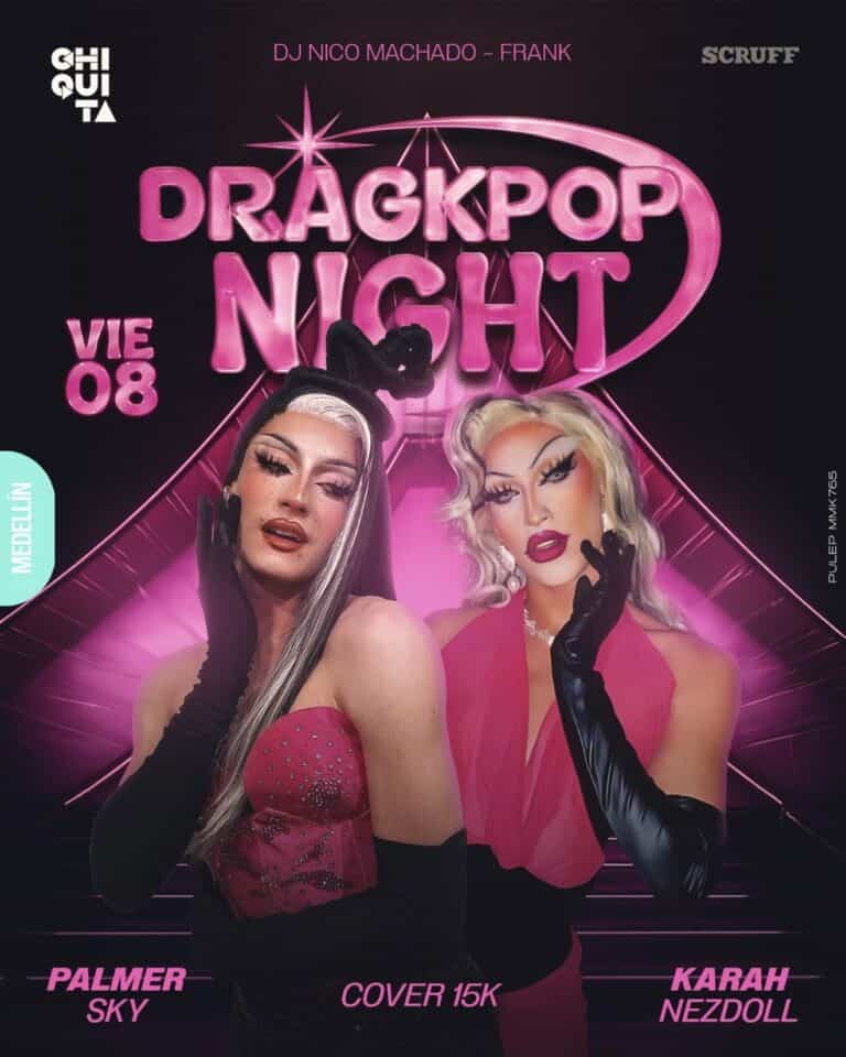 Disfruta de la noche Drag en Medellín, evento de drag queens con actuaciones en vivo, música y cultura queer, organizado por Eventario, en un ambiente vibrante y lleno de energía, con presentadoras como Palmer Sky y Karah Nezdoll.