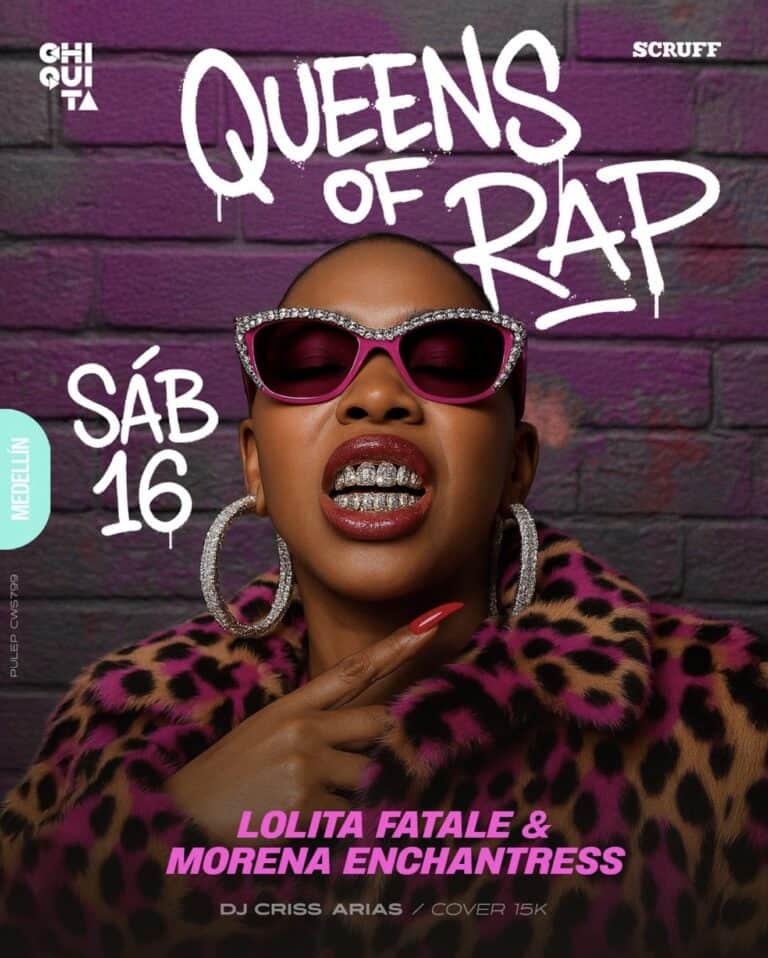 Disfruta del evento Queens of Rap en Medellín, con Lolita Fatale y Morena Enchantress, este sábado 16 de diciembre, con DJ Criss Arias en un ambiente de música rap y cultura urbana.