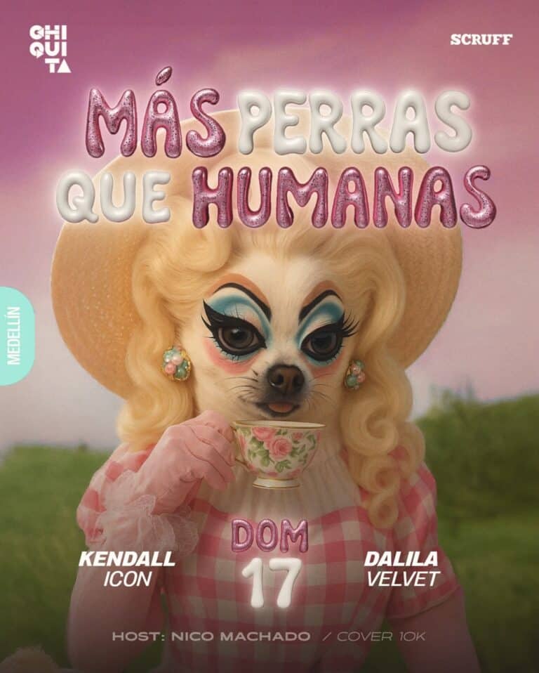 Más perras que humanas, evento de moda canina en Medellín con temática de disfraces y drag queens, presenta artistas como Kendall Icon y Dalila Velvet en una experiencia multicultural y artística.
