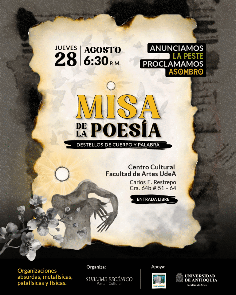 Palabra clave "eventos culturales", arte, poesía, misa, evento cultural en Bogota, Universidad de Antioquia, Centro Cultural UdeA, festival literario, poesía en vivo, actividades artísticas.