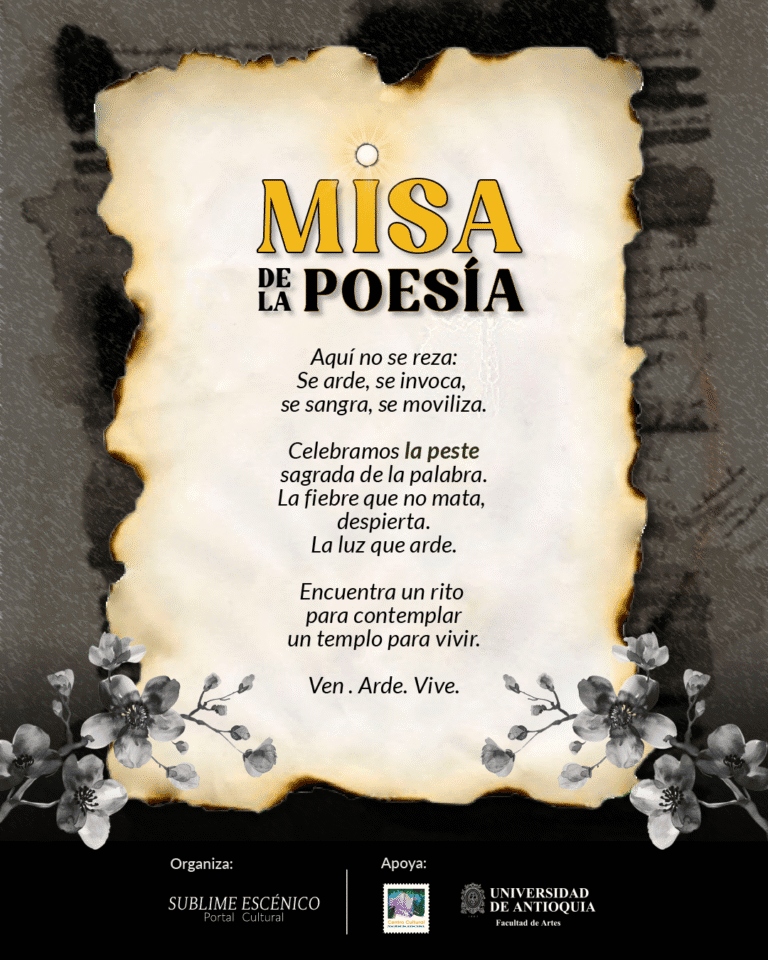 Varios elementos de un cartel de evento cultural con fondo envejecido y flores en la parte inferior, promoviendo una misa de poesía en un espacio cultural en Antioquia, Colombia.