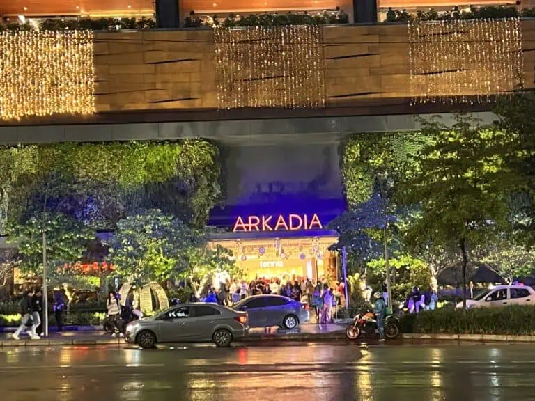 阿尔卡迪亚角落挂满了圣诞彩灯，充满了都市气息，是城市举办活动和庆祝活动的理想场所，尤其是在雨夜里，人来人往，车水马龙。