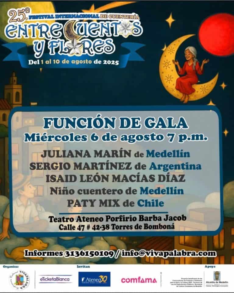Festival internacional de cuentería Entrenues y Flores, evento cultural en Medellín, Colombia, con presentación de artistas y narradores, del 1 al 10 de agosto de 2025.