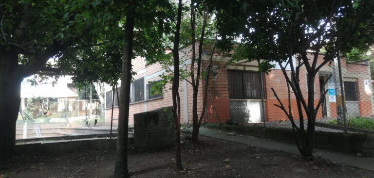 Jardín con árboles y zona de juegos infantiles junto a una casa de ladrillos, vista desde la sombra, en un entorno residencial tranquilo y seguro.