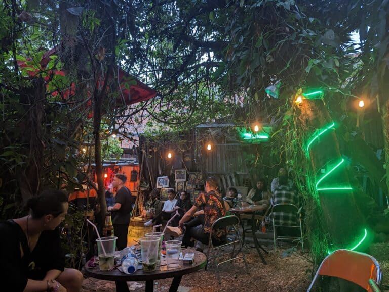 Noche en un espacio al aire libre con decoración de luces de neón verdes y luces cálidas, ambiente festivo y relajado, con personas socializando en un entorno natural y acogedor.