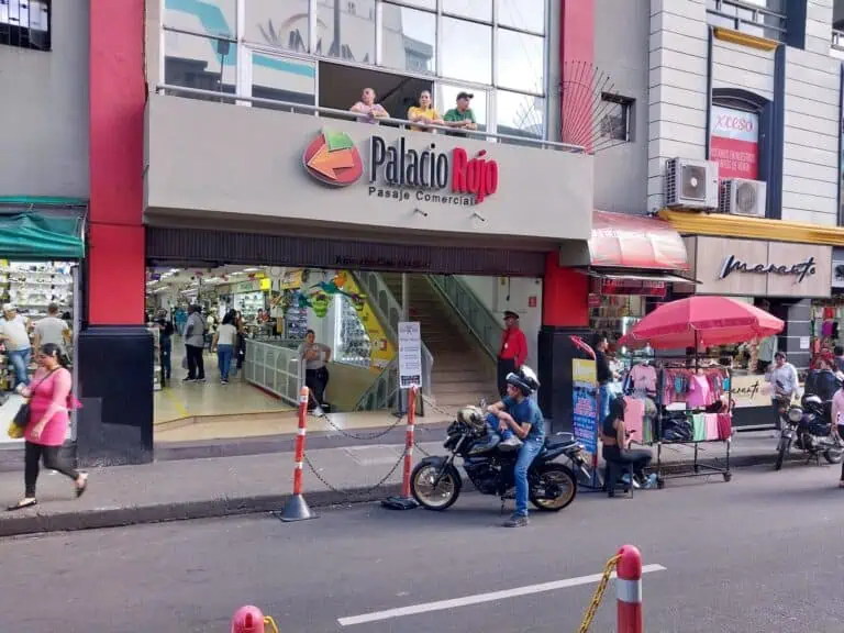 Palacio Rojo 是哥伦比亚市区的一个商业拱廊，人流密集，人行道上有很多小贩。