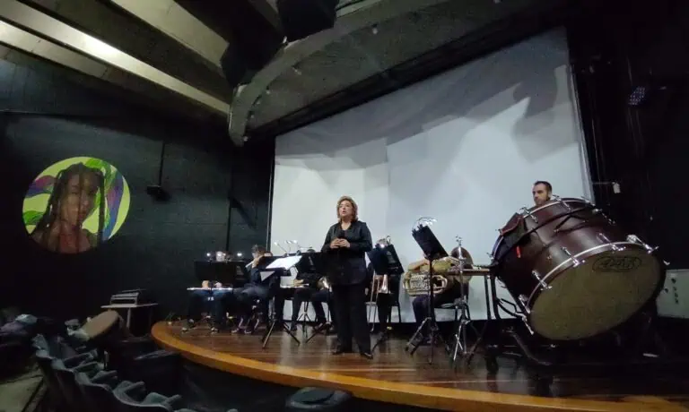 Image d'un concert dans un théâtre avec des musiciens et un chanteur sur scène, mettant en évidence la préparation et l'excitation de l'événement culturel.