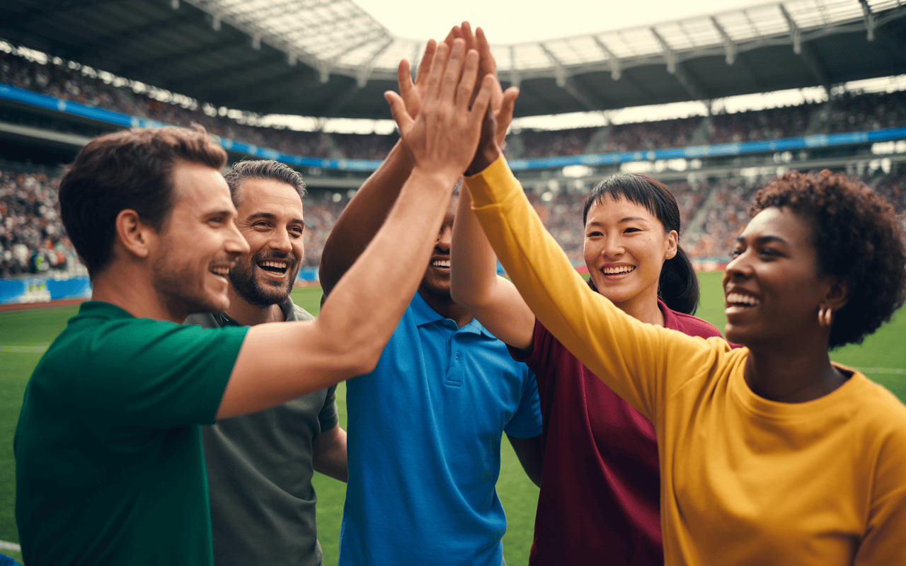 Celebración en equipo en un estadio, concepto de trabajo en equipo, evento deportivo, diversidad cultural, éxito y motivación en eventos deportivos en Colombia.