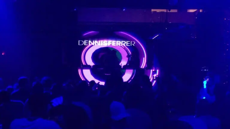 电子音乐活动现场 DJ，背景有 LED 灯光和视觉显示屏。