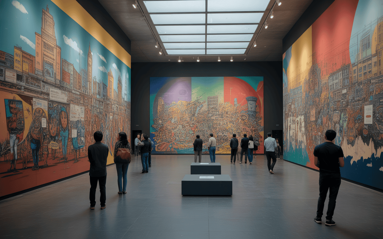 Caminando en una galería de arte moderna con murales coloridos y vibrantes en un museo en línea de eventos y exposiciones.