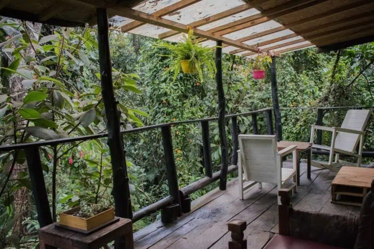 阳台位于自然之中，摆放着白色椅子，悬挂着粉色和黄色的植物，周围环绕着茂盛的植被，环境自然宁静。