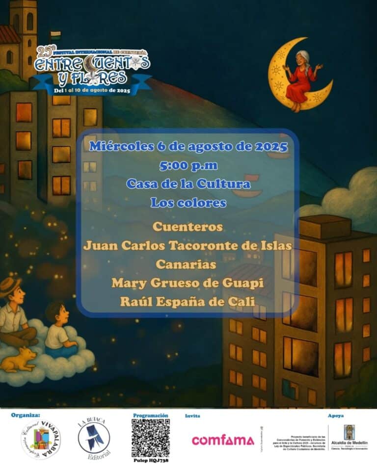 Festival internacional de cuentería, cuenta cuentos para niños y adultos, en el Casa de la Cultura Los Colores, evento cultural en Medellín, con narradores como Juan Carlos Tacoronte de Islas Canarias.