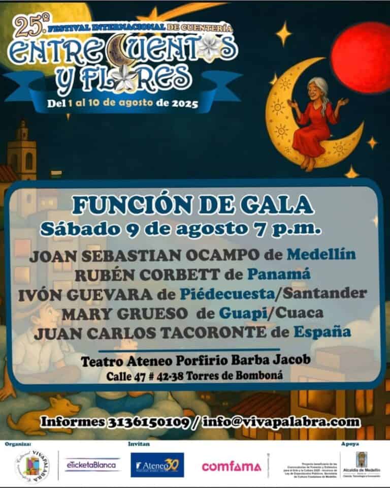 Festival internacional de cuentería y flores, evento cultural en Medellín del 1 al 10 de agosto 2025 con obras de reconocidos artistas en teatro y narración.