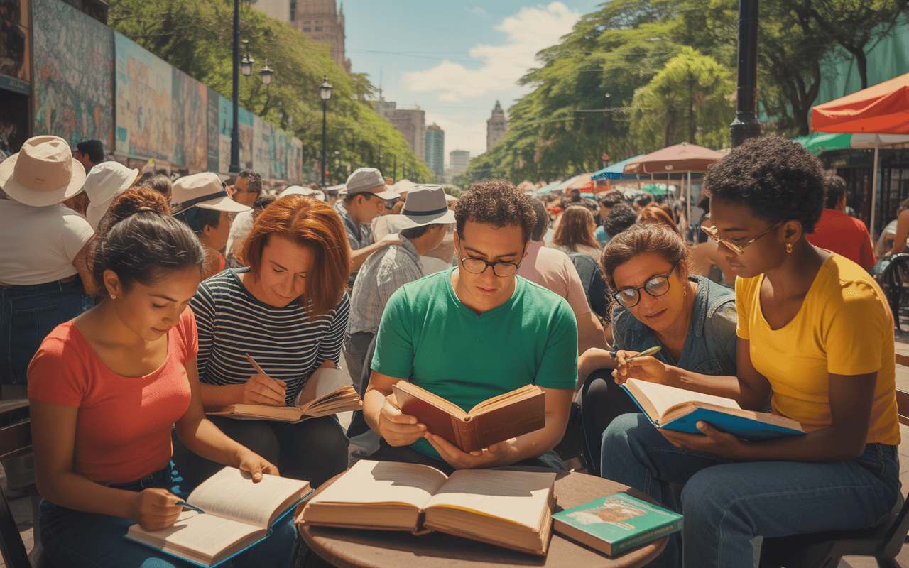 Biblioteca pública al aire libre en Ciudad de México, personas leyendo libros en un evento cultural, promoviendo la lectura y actividades literarias en espacios urbanos y abiertos.