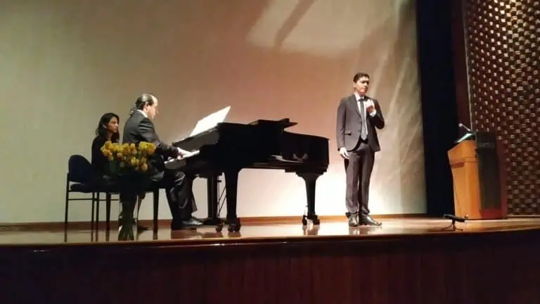 Performance on stage with pianist and singer at a cultural and artistic event.