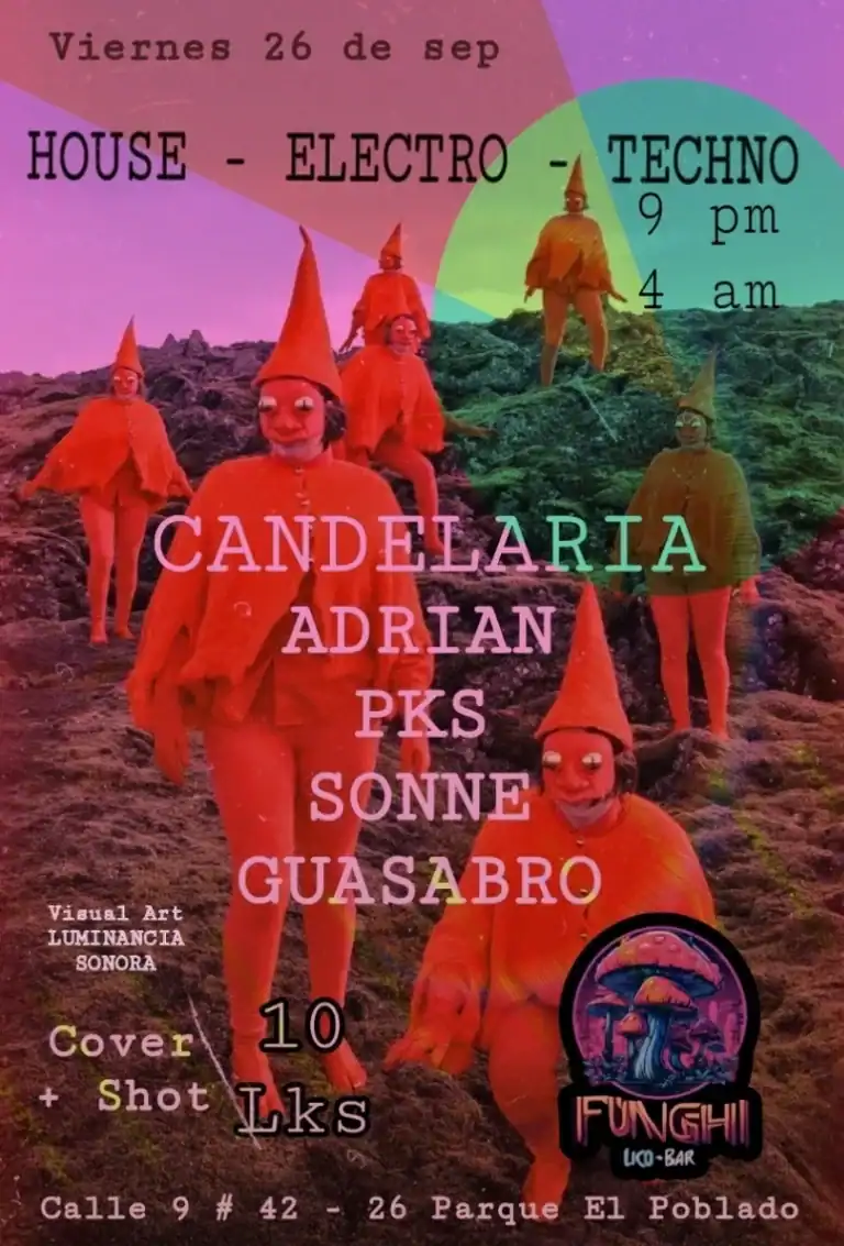 Vigilante de fiesta con personajes de teatro y música en un ambiente colorido y creativo, promoviendo un evento musical en un bar local en Colombia.