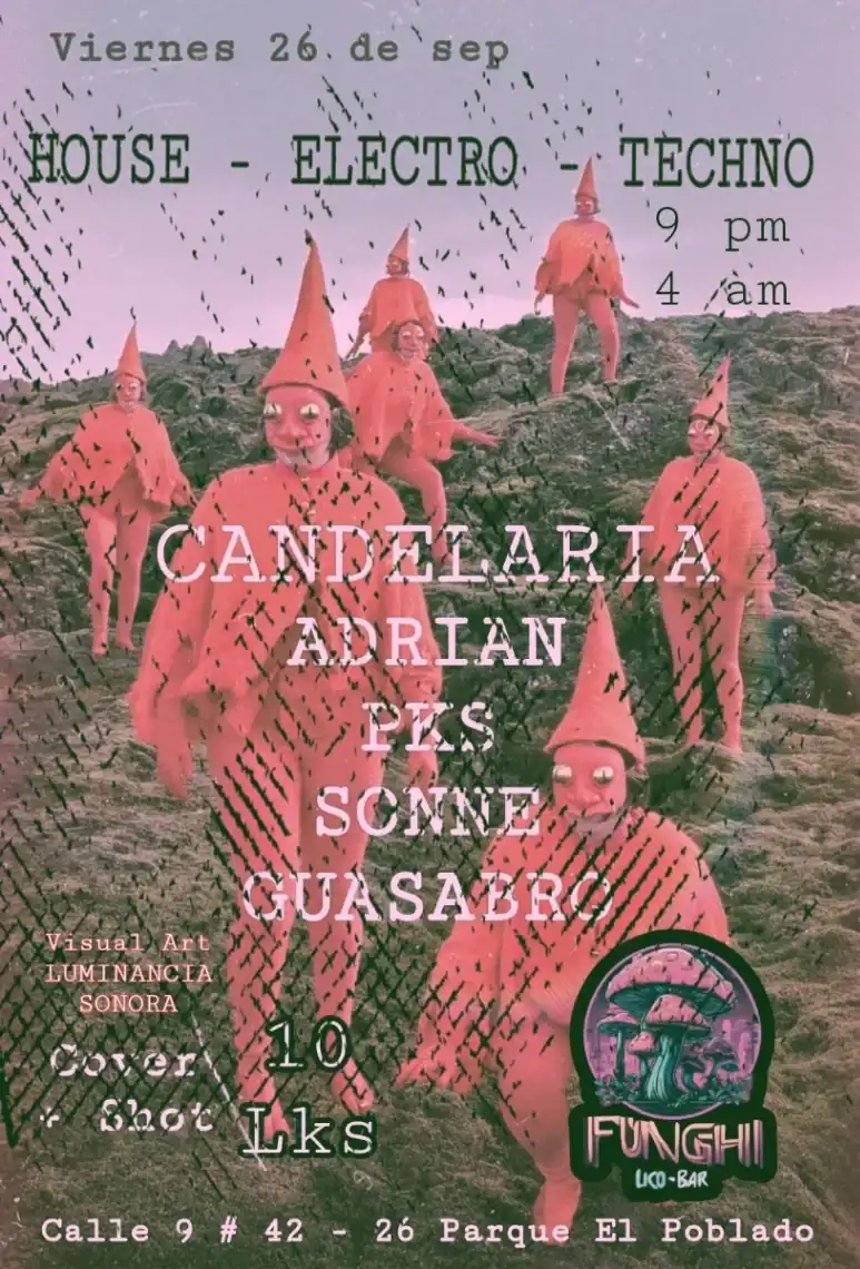 Espectáculo de arte visual con personajes fantásticos en un entorno natural, promoviendo eventos de música electrónica y techno en Cali. Ideal para amantes del arte, la música y la cultura alternativa en Colombia.