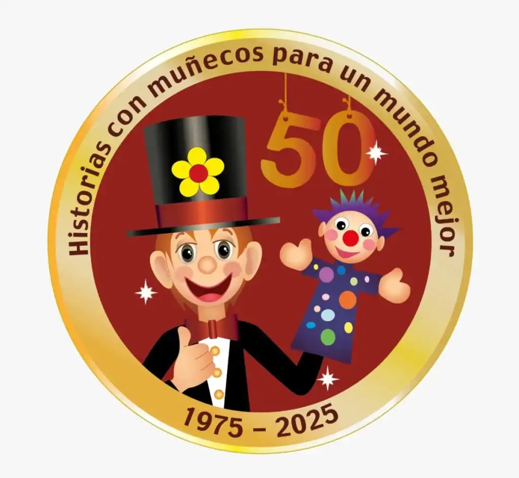 Muñecos de circo para eventos infantiles, celebrando 50 años de historias con magia y diversión en Colombia, desde 1975 hasta 2025, en un diseño colorido y alegre.