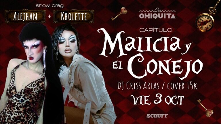 Maquillaje drag queens en evento teatral de Malicia y el Conejo, show drag en bar Chiquita, con DJ Criss Arias, cobertura 15K, evento en Bogotá 3 de octubre.