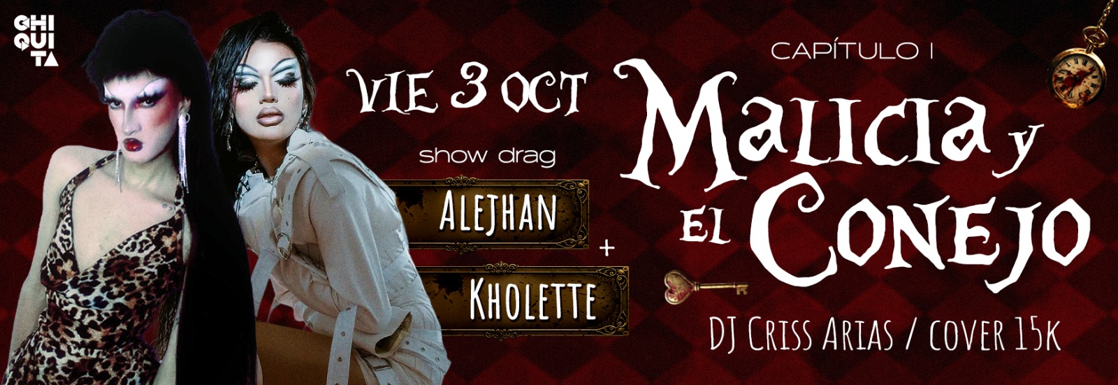 Viej 3 oct show drag con Alejhan y Kholette en evento gay en Bogotá, con artistas drag, DJ Criss Arias, cover de 15 mil pesos, promotoría de eventos y entretenimiento LGBTQ+ en Colombia.
