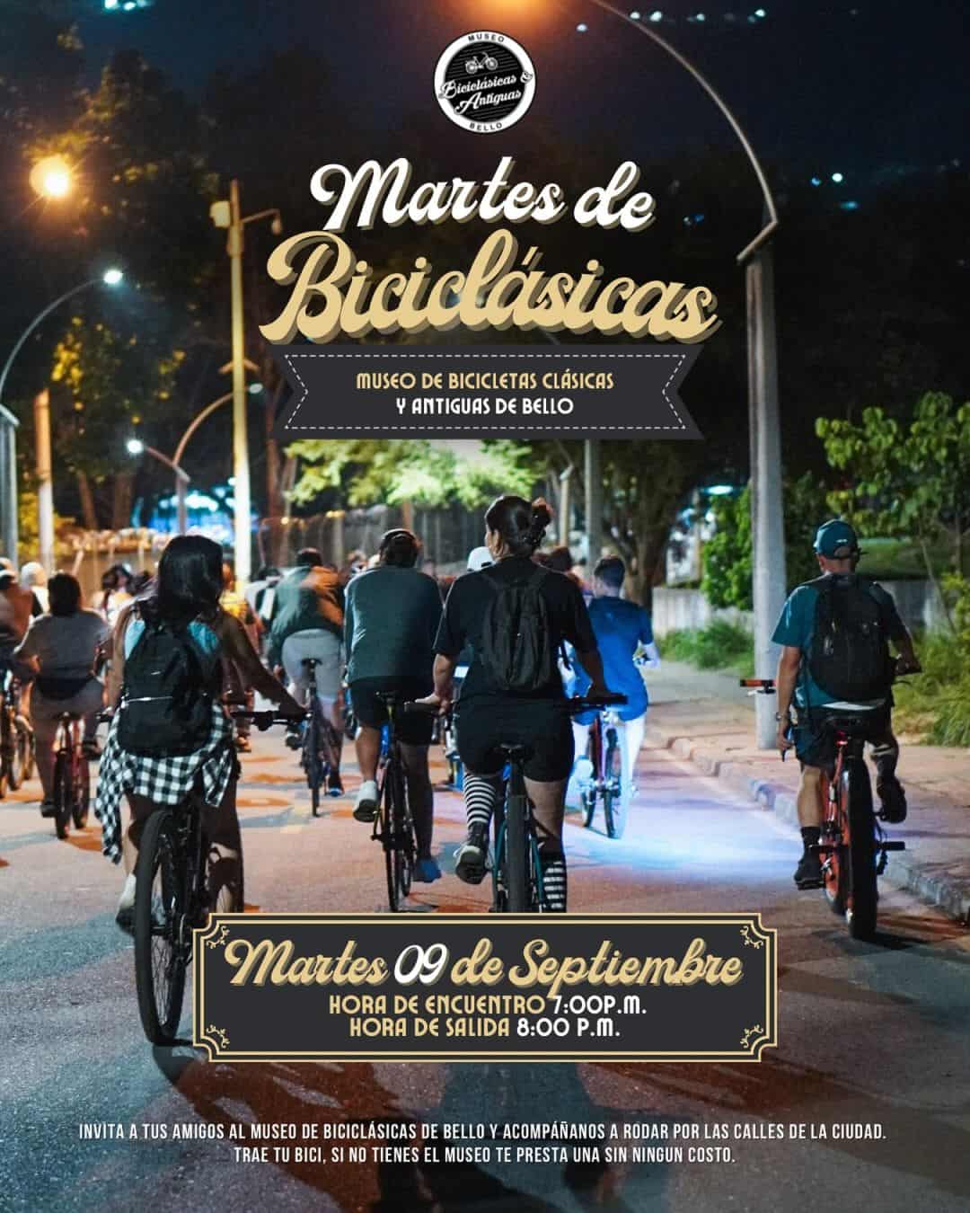 Biciclistas participando en evento nocturno en la calle, promoción de martes de bicicletas clásicas en Bello, Colombia, para amantes del ciclismo y recorrido en bicicleta en la ciudad.