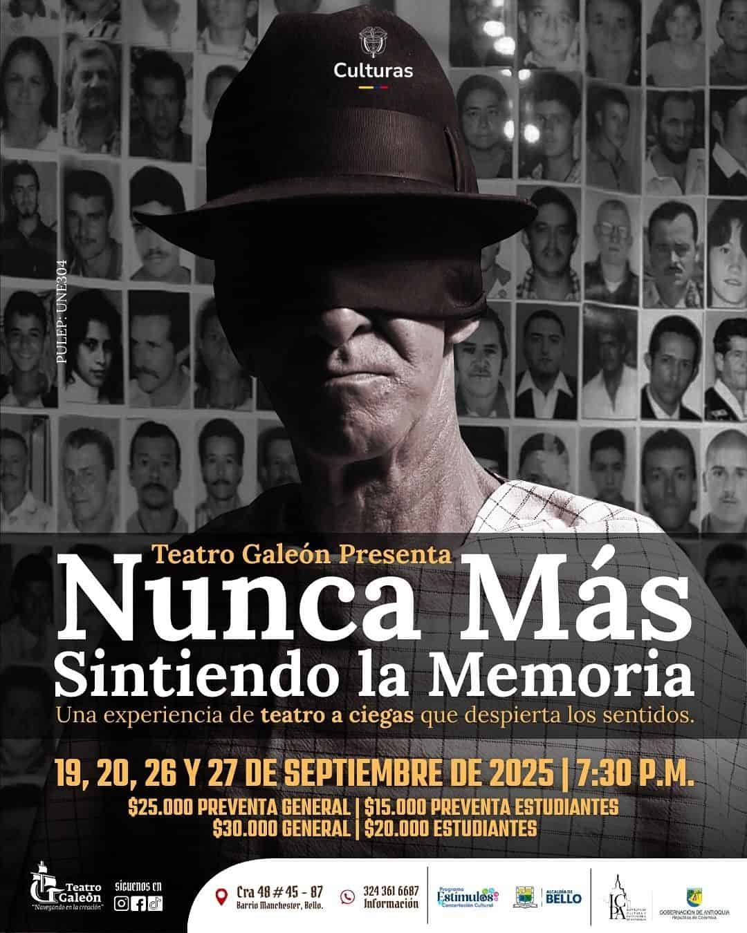 Memoria, teatro a ciegas, experiencia teatral, cultura, evento cultural, Teatro Galeón, memoria y sentidos, teatro sensorial, obra de teatro, cultura en Bello, evento artístico en Bello, teatro para ciegos.